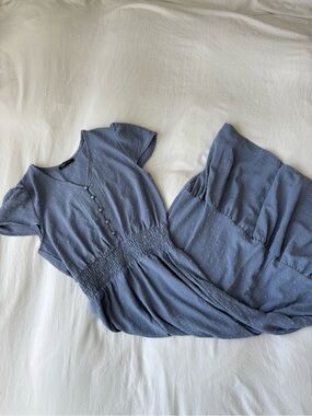 Blue Swiss Dot Smocked Midi Dress